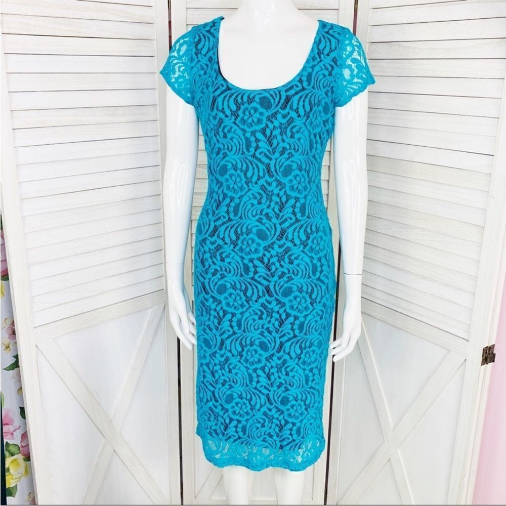 Eva Mendes New York & Co. Lace Sheath Bodycon Dress‎ Teal Black 2 Party Cocktail